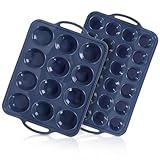 Vnray 2 Pack Silicone Muffin Pan 12 and 24 Cup with Metal Frame,Non Stick Silicone Mini Cupcake Pan with Handles, BPA Free Silicon Regular Muffin Tin Tray Small for baking, egg bites, Mold Grey