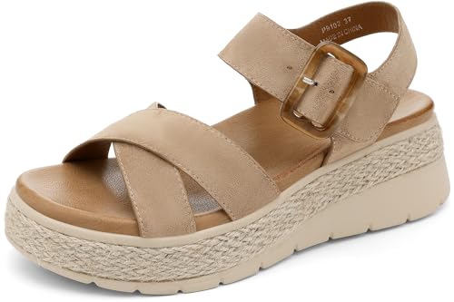UBFEN Womens Espadrille Platform Sandals Low Wedge Heel - Orthopedic Arch Support, Cushion Insole, Comfortable Dressy Buckle Sandals for Walking and Vacation B Khaki Size US 7