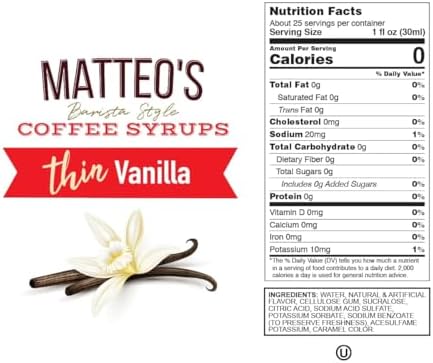 Matteo's Barista Style Sugar Free Coffee Syrup - Zero Calories Keto-Friendly Coffee Syrups & Flavors - USA-Made Kosher Sugar Free Coffee Flavoring Syrup For Home & Work (Vanilla, 25.4 Oz, 1-pk) - 1