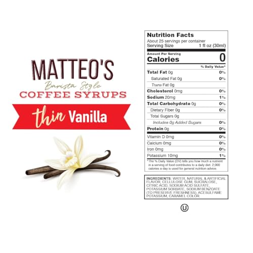 Matteo's Barista Style Sugar Free Coffee Syrup - Zero Calories Keto-Friendly Coffee Syrups & Flavors - USA-Made Kosher Sugar Free Coffee Flavoring Syrup For Home & Work (Vanilla, 25.4 Oz, 1-pk)