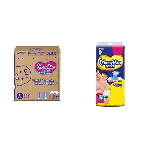 Image of MamyPoko Pants Extra Absorb Diaper - Large Size, Pack of 112 Diapers (L-112) for Kids & MamyPoko Pants Standard Diaper - Large size (Pack of 30),Clear