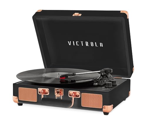 Victrola Journey Bluetooth Portable Suitcase Record Player – with Built-in Speakers, 3 Speed Vinyl Record Player, RCA Out, Headphone Jack (Black Rose Gold) by Victrola - Used condition - US$39.91