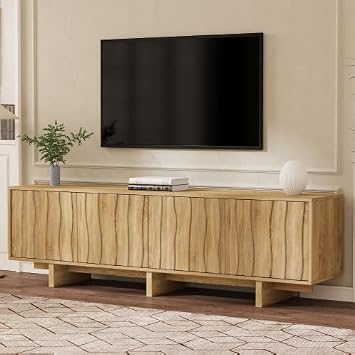 Wood Grain TV Stand with Wavy Door Design for TVs up to 75", Rustic Media Console with Ample Storage Space, Retro Style Sturdy Base TV Cabinet with Cable Management for Living Room, Bedroom, Natural
