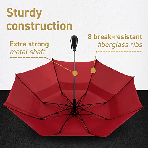 Eez-Y Golf Umbrella - 58 Inch Windproof Rain Umbrellas W/Double Canopy - Compact, Portable & Break Resistant For Travel – Burgundy #TOP3