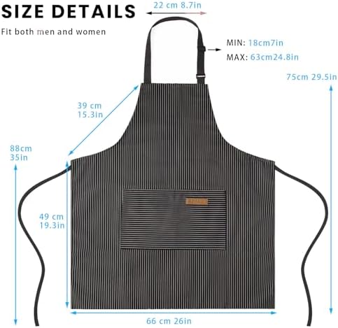 BeLuyi Adjustable Bib Apron with 2 Pockets Chef Cooking Kitchen Restaurant Aprons for Women Men (Black Pinstripe) - 2