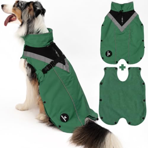 DOGOPAL Abrigo para perros 2 en 1 para todo tipo de clima, impermeable con forro polar extraíble, chubasquero para perros grandes, medianos y pequeños (verde, XL)