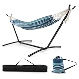 Giantex Hammock with Stand for Outside, 2-Person Double Hammock with Space Saving Metal Stand, Carrying Cases, Brazilian-Style Portable Hammock for Patio Garden Camping Lounging Outdoor & Indoor, Blue