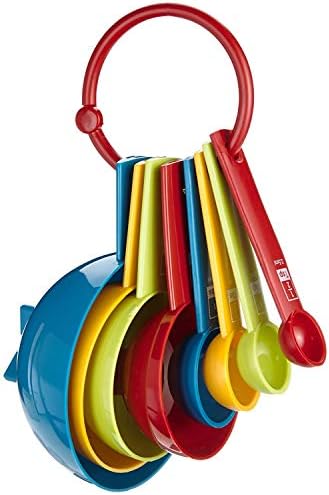 Let's Make 8 Piece Measuring Cups and Spoons Set with Built In Mini Cookie Cutters, Plastic, Multi Colour