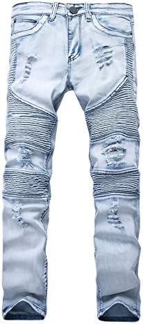 Enrica Men's Straight Slim Fit Ripped Distressed Jeans with Patches Pants