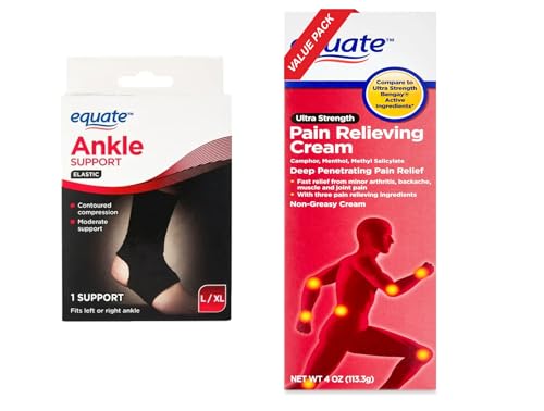 Equate Elastic Ankle Support Large & X-Large and Ultra Strength Cream Bundle, Comfort Fit Compression Sleeve with Topical Cream Solution (Large/X-Large)