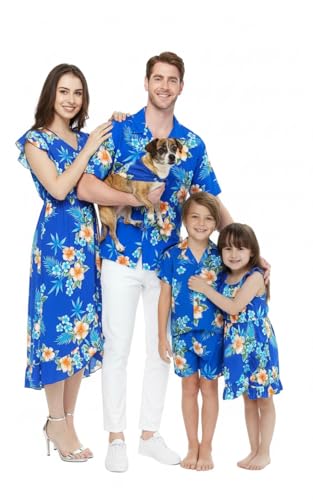 Image of Matchable Family Hawaiian Luau Men Women Girl Boy Clothes in Hibiscus Blue