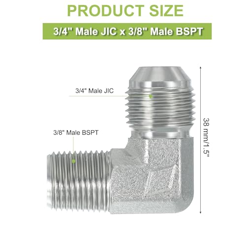 Image of PATIKIL 90 Degree Pipe Adapter, 3 /4 inch Male 37 Flare JIC x 3 /8 inch BSPT Male Connector Carbon Steel Elbow Fitting for Air Hydraulic Fluid Fuel Water Oil, Silver