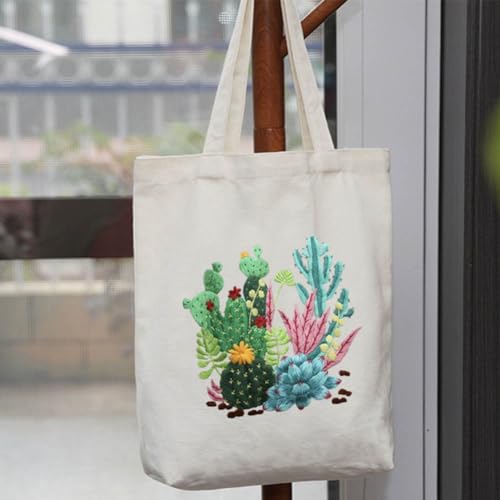 Image of KABAKE Canvas Tote Bag Embroidery Kit for Beginners, Arts and DIY Crafts Starter Kit, Includes Stamped Bag, Threads, Tools (Beige With Cactus)