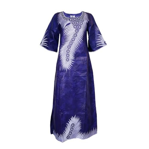 HD African Traditional Blue Bazin Maxi Dress for Woman Feather Pattern Embroidery Dashiki Dresses with Head Wraps 4XL