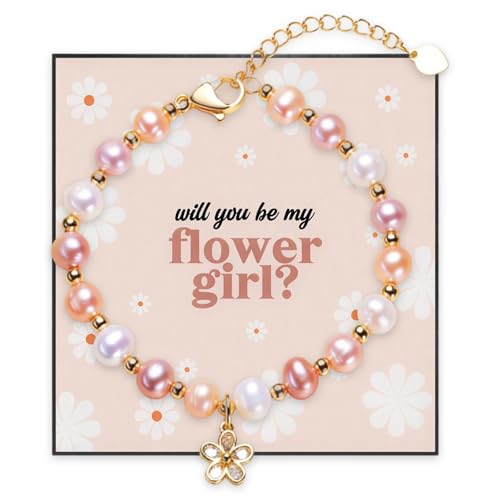 Image of Onperpoe Flower Girl Gifts Bracelet, Will You Be My Flower Girl Artificial Pearl Bracelet with Proposal Card, Adorable Flowers Girls Proposal Gifts for Wedding Party Bridesmaid (B)