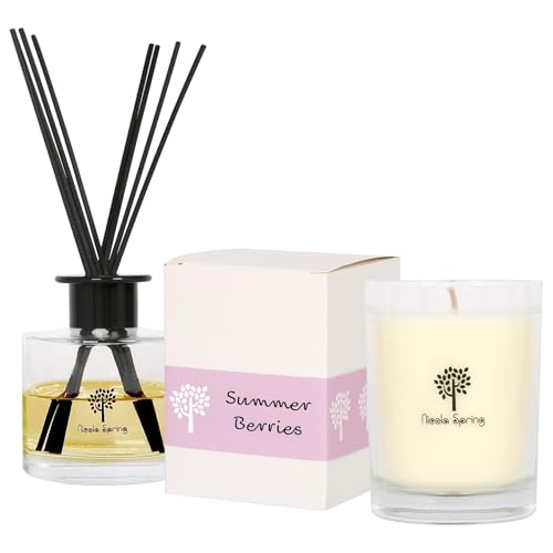 Image of Nicola Spring Soy Wax Scented Candle & Reed Diffuser Set – Summer Berries Fragrance – 160g Candle 28 Hour Burn & 200ml Diffuser 60 Day Scent – Luxury Eco-Friendly Home Fragrance Gift Set