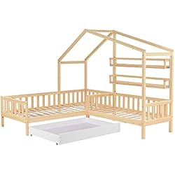 Cama infantil con cajones y estantes, madera maciza con valla y somier, estructura en L, natural (90 x 200 cm + 140 x 70 cm)