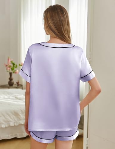 Image of Silk Pajamas for Women Short Sleeve Satin 2 Piece Pj Set Soft V Neck Sleepwear Loungewear, S-XXL