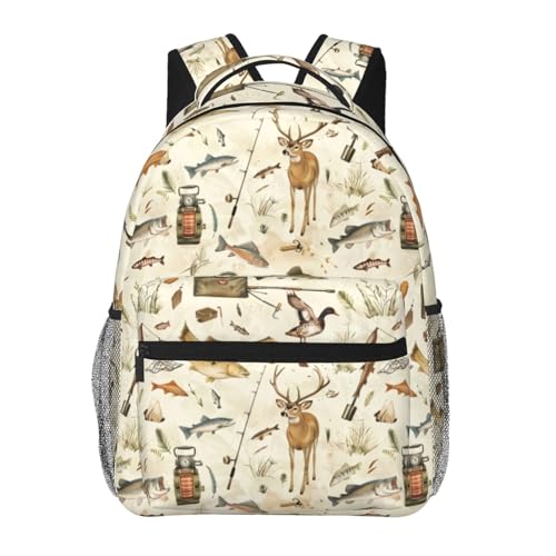 TRYYN Outdoor Adventure Casual Backpack, Lightweight Laptop Bag Daypack, Deer Fish and Gear Backpacks for Women Men Teens Students, Hunting Polyester Bookbag Gifts for School Work Travel Hiking