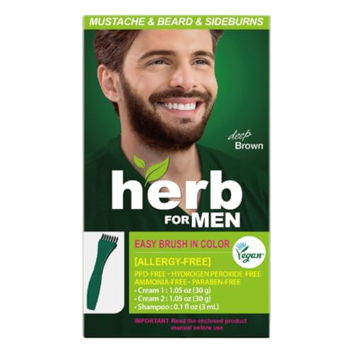 Herb For Men Mustache & Beard Dye (Deep Brown, 1 Pack), PPD-Free Ammonia-Free, Vegan with Natural Ingredients, Odorless, Gentle for Sensitive Skin, No Skin Irritation