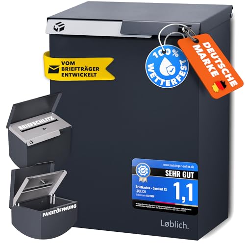 LØBLICH Briefkasten RAL 7016 Anthrazit | Vom Briefträger entwickelter XL-Wandbriefkasten für Päckchen & Post - wetterfest, geräuscharm, abschließbar - Outdoor Stahl-Postkasten modern