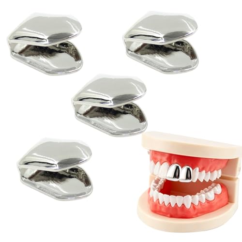 YAFIYGI 4Pcs Tooth Cap Grillz Silver Plated Single Grill Caps for Teeth Realistic Fake Grills Mouth Jewelry Hip Hop Rapper Style Grillz for Men and Women Tooth Caps Party Accessories