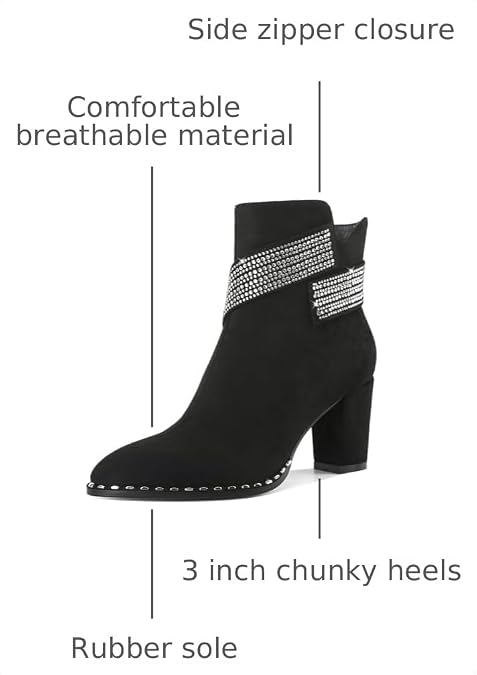 Zamikoo Chunky Heel Ankle Boots for Women Round Toe Beaded Heel Short Booties Fall Heel Boots with Sparkly Rhinestone Strap Side Zipper 3 Inches