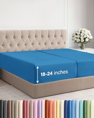 Image of Extra Deep Split King Fitted Sheet - Single Fitted Sheet Only - Denim Blue | Easily Fits 18 inch to 24 inch Mattress, Soft, Wrinkle Free, Breathable & Comfy, Extra Deep Pockets Hotel Luxury Fitted Sheet