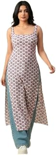 Women’s Pink Floral Printed Long Kurti | Sleeveless Square Neck Stylish Side Slit Kurta for Girls & Women Price In India