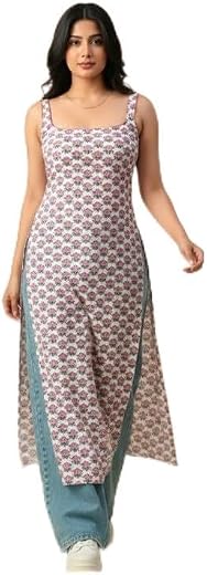 Women’s Pink Floral Printed Long Kurti | Sleeveless Square Neck Stylish Side Slit Kurta for Girls &amp; Women
