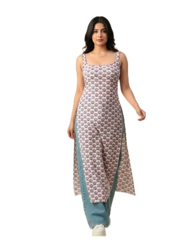 Women’s Pink Floral Printed Long Kurti | Sleeveless Square Neck Stylish Side Slit Kurta for Girls & Women
