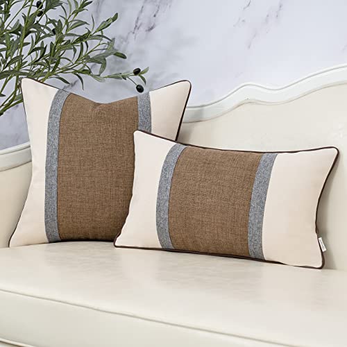 Yangest Coffee Brown Patchwork Linen Lumbar Throw Pillow Cover Farmhouse Burlap Cushion Case Neutral Oblong Pillowcase For Sofa Couch Bedroom Living Room Home Decor, 12X20 Inch #TOP4