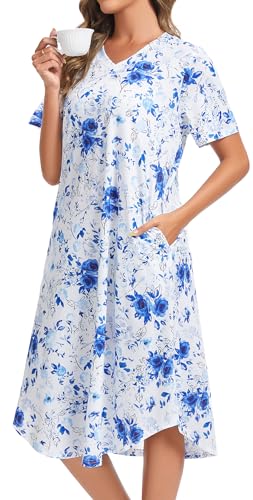 Image of Kabento Nightgowns for Women Cotton Short Sleeve Long Night Gowns with Pockets