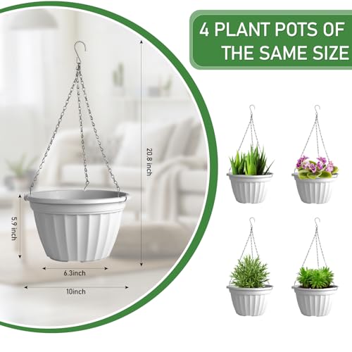 FGstyle Hanging Planters 10 Inch, 4 Pcs Self Watering Pots for Indoor Plants,Plastic Hanging Basket with Soil Elevator and 20" Chain for Home Garden Porch Balcony Patio Decor(White) by FGstyle - Used condition - Image 4