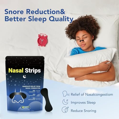 Nasal Strips for Snoring – Extra Strength Nose Strips for Breathing Day and Night Use with Strong Adhesion Sweat Resistant Design – Stops Snoring Improves Sleep and Workout Performance – 60ct