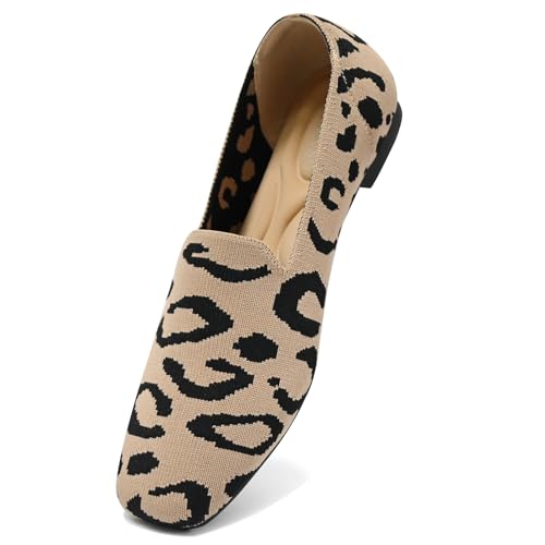 Flat Shoes for Women with Mesh Knitted Square Toe Ballet Flats Soft Slip On Walking Shoes Comfortable Office Shoes