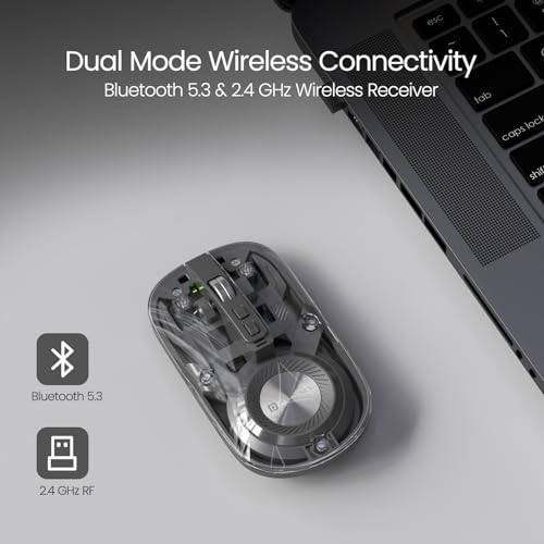 Image of Portronics Toad 8 Transparent Wireless Bluetooth Mouse with Dual Wireless (BT + 2.4 GHz), Rechargeable Battery, Noise-Free Clicking, Show /Hide Desktop, Multi-Device Pair, Adjust Sensitivity (Grey)