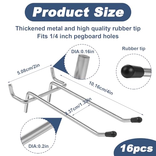 16 Pcs Peg Hooks for Pegboard, 4 Inch Pegboard Hooks, Pegboard Double Hooks Fit 1/4” PegBoard Holes, Heavy Duty Pegboard Pegs with Black Rubber Tipped, Peg Board Organizer Accessories for Garage by JOUTYFOR - Used condition - Image 2