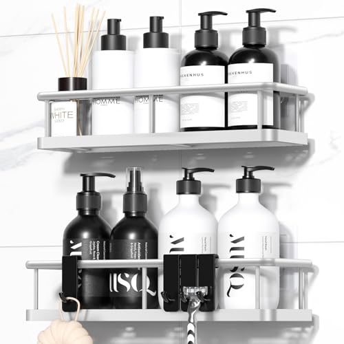 YASONIC Lot de 2 étagères de douche sans perçage - Rangement Salle de Bain - Organisateur de salle de bain - Support de shampoing pour douche - Argenté
