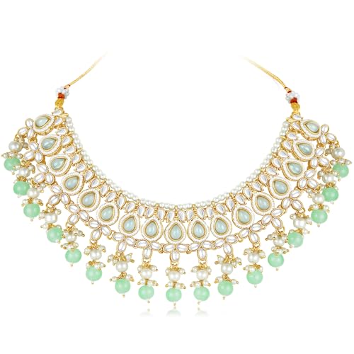 Aheli Women's Kundan & Mint Beads Studded Choker Necklace Dangle Earrings by Aheli - Used condition - Image 3