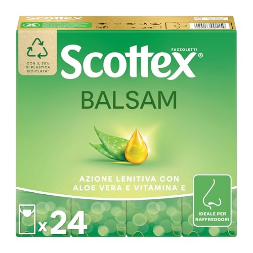 Scottex Balsam Fazzoletti di carta, Morbidi e Lenitivi, Dermatologicamente testati, Confezione da 24 Pacchetti di Fazzoletti