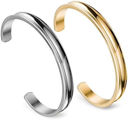 Zuo Bao Stainless Steel Bracelet Grooved Cuff Bangle for Women Girls (Silver+Gold)