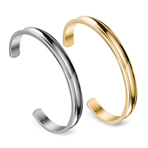 Zuo Bao Stainless Steel Bracelet Grooved Cuff Bangle for Women (Silver+Gold)