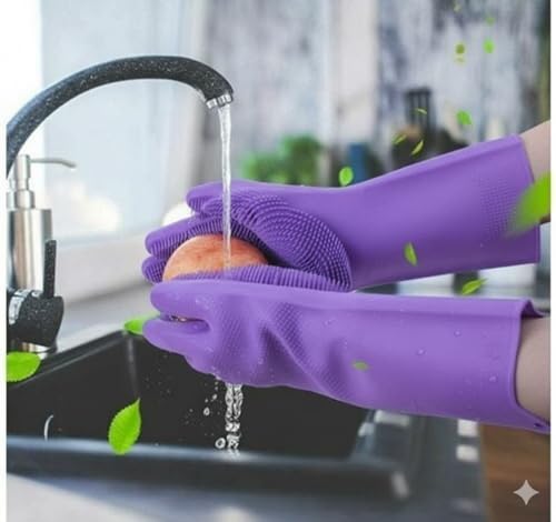 Image of Magic Silicone Dish Washing Gloves | Multicolour | Reusable Gloves with Built-In Scrubber | Kitchen Dishwashing, Bathroom Cleaning, Car Wash & Pet Grooming | 1 Pair