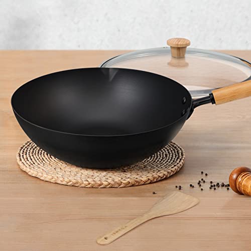 Carbon Steel Wok Pot With Lid, Nonstick Stir Frying Pan With Flat Bottom For Braising And Deep Frying, Pre-Seasoned Chinese Cooking Pan Suitable For Electric, Induction, And Gas Stoves (32Cm/12.6") #TOP7