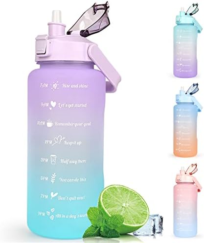 Water Bottle 2L BPA Free Sport Drinks Jug with Time Marking & Lock Cover, Leak Proof 2 Liters Water Bottle with Portable Handle, Green Water Canteen Bottle