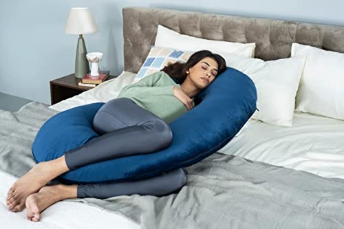 Image of C-Shaped Sleeping Pregnancy Pillow| Removable Washable Velvet Cover with Zipper| PregnoCare Fibre| Maternity, Nursing| Full Body Soft Support Bump, Head, Back, Shoulder, Hip, Legs & Belly (Royal Blue)