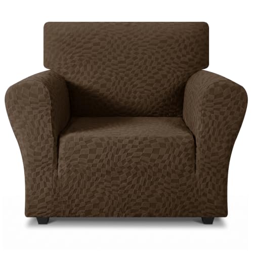 ZNSAYOTX 1 Piece Stretch Chair Cover with Arms (34"-44"), New Plaid Armchair Cover with Elastic Band for Living Room, Ultimate Soft Cozy Washable Chair Slipcover Form Fit Protector, Coffee