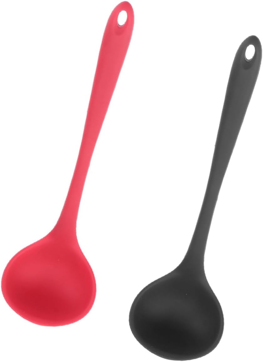 2pcs Silicone Soup Ladles Heat Resistant Non-stick Kitchen Cooking Spoons Long Handle Portable Flatware for Home Dining and Food Serving