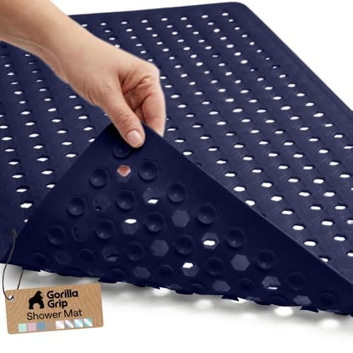 Image of GORILLA GRIP Patented Bath Tub Shower Mat, Machine Washable Bathtub Floor Liner Mats, Suction Cups and Drain Holes to Keep Tubs Clean, Soft on Feet, Bathroom Essentials, 35x16 Inch, Navy Opaque